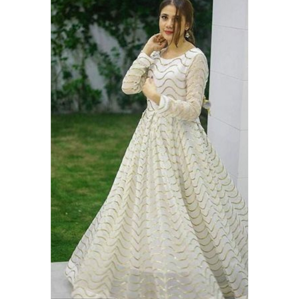 White & Gold Georgette Floor Length Gown
