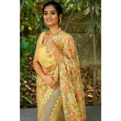 Yellow Embroidered Soft Net Saree