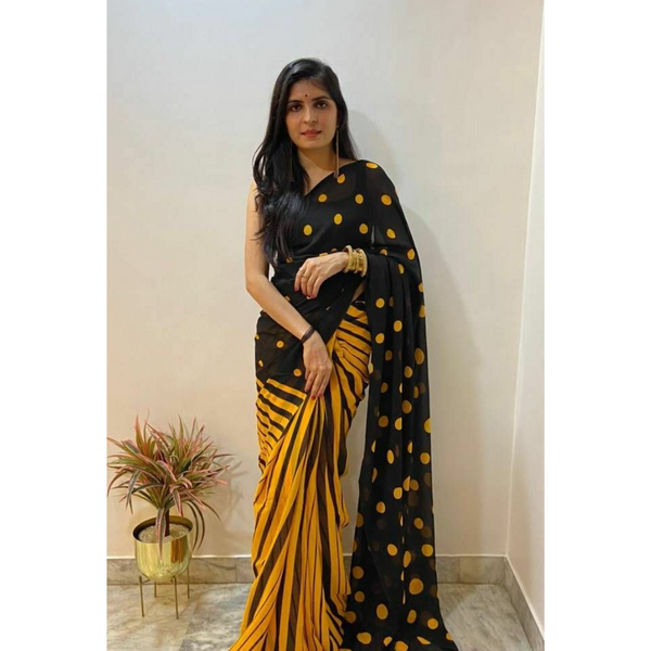 Black & Yellow Printed Saree