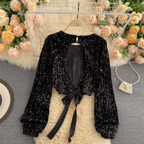 Sequins Top with Open Back and Bow detailing