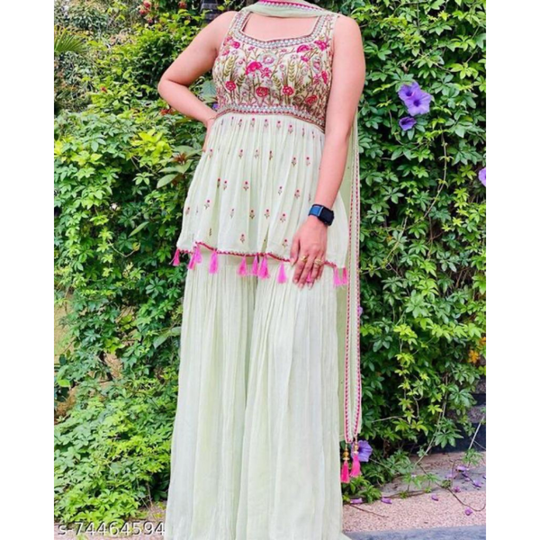 Pastel Green Embroidered Sharara Suit Set