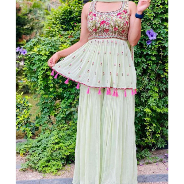 Pastel Green Embroidered Sharara Suit Set