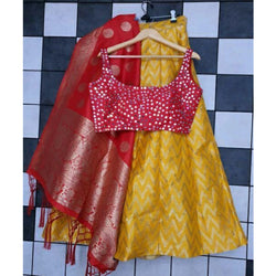 Yellow Banarasi Semi Stitched Lehenga Set