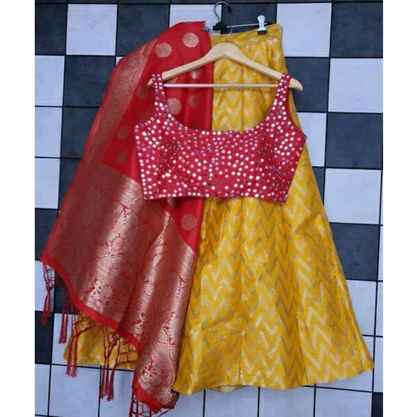 Yellow Banarasi Semi Stitched Lehenga Set