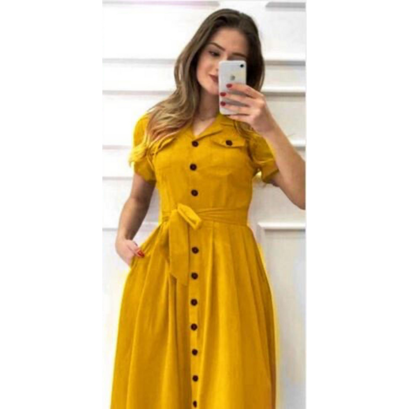 Yellow Button Down Midi Dress