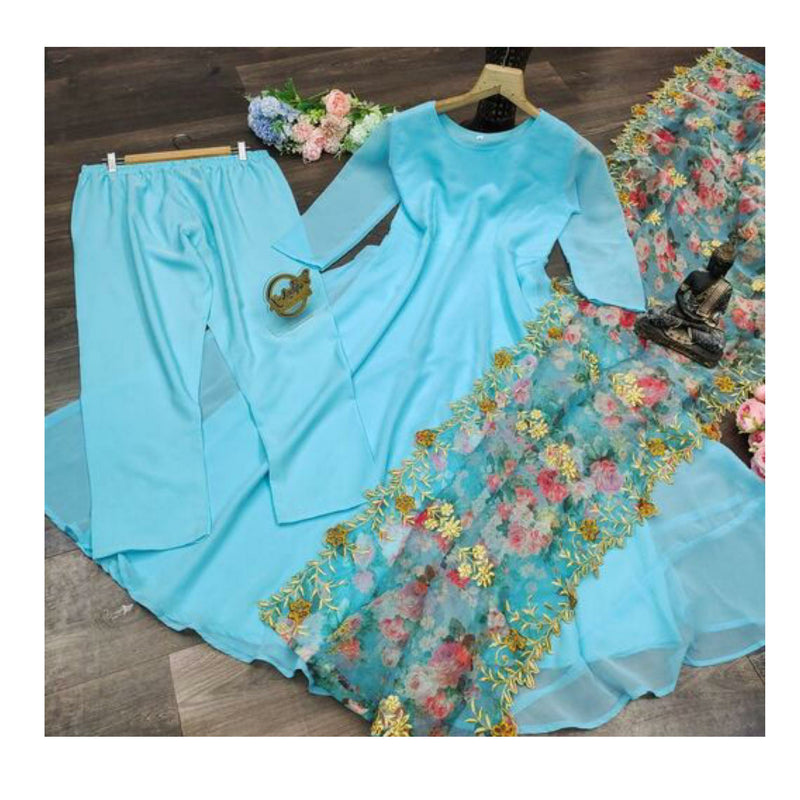 Blue Suit Set with Floral Organza Dupatta