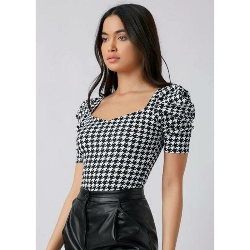 Black checkered Puff Sleeves Top