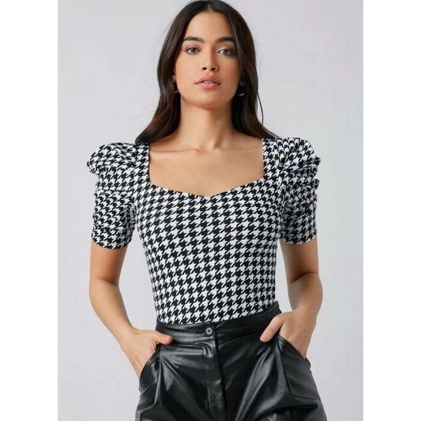Black checkered Puff Sleeves Top