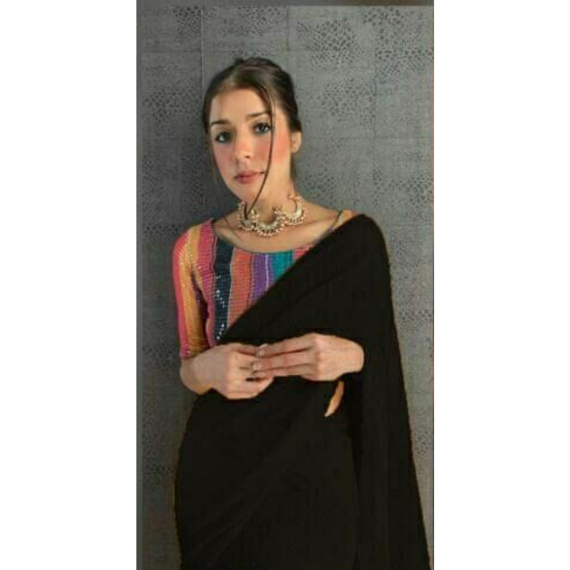 Black Georgette Saree with Multicolored Blouse