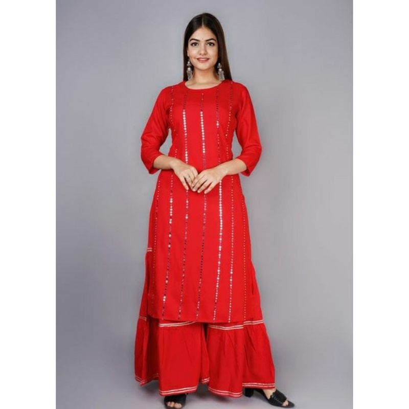Rayon Red Zari Mirror Embroidery Work Kurti at Rs 570 / Piece in Jaipur |  Rangrez Creations