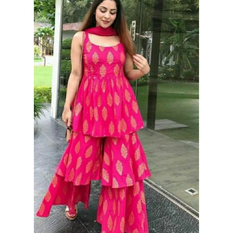 Pink Printed Kurta Sharara Suit Set
