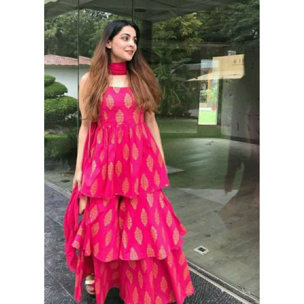 Pink Printed Kurta Sharara Suit Set