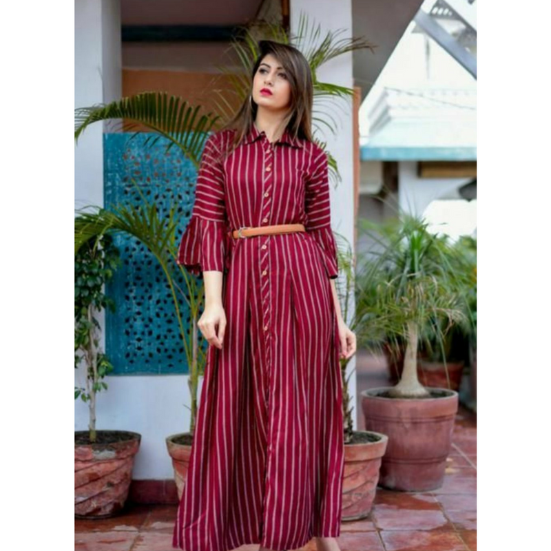 Striped Printed Maxi Dress with Bell Sleeves