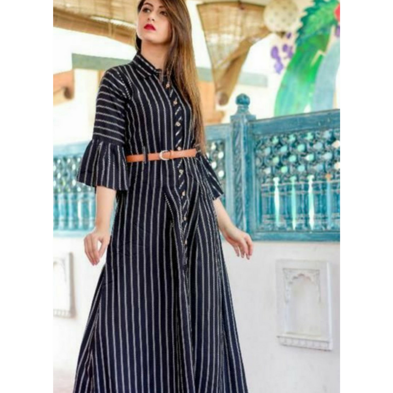Striped Printed Maxi Dress with Bell Sleeves