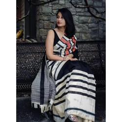 Black and White Striped Linen Saree