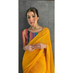 Yellow Georgette Saree with Multicolored Blouse