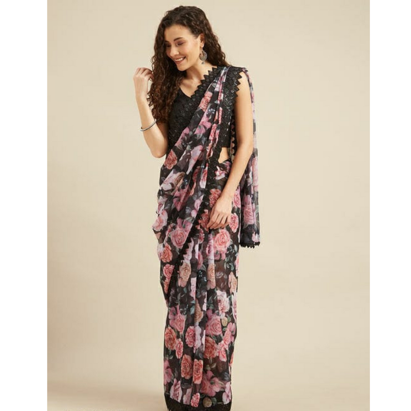 Black Floral Printed Saree with Sequins Border