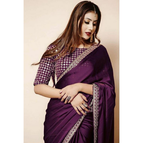 Purple & Gold Embroidered Satin Silk Saree