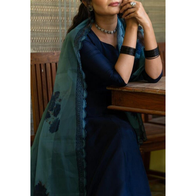 Blue Floral Printed Anarkali Suit Set