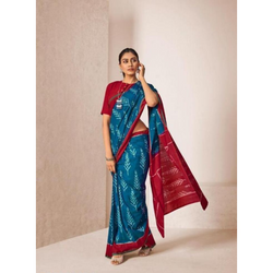 Blue & Red Printed Cotton Saree