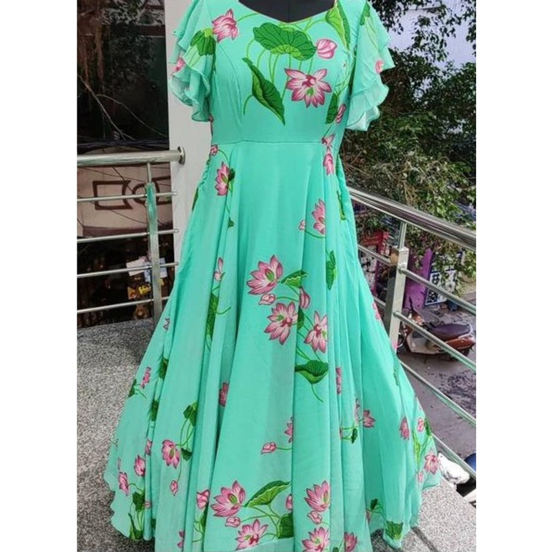 Mint Floral Printed Georgette Maxi Dress