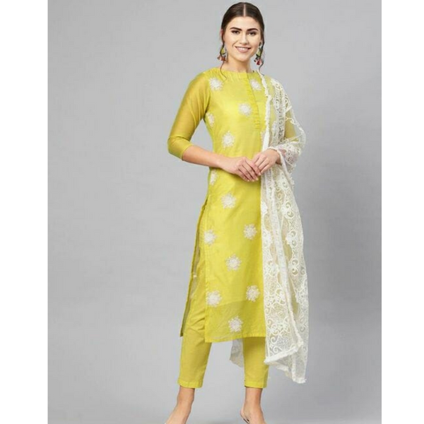 Lime Green Embroidered Cotton Suit Set