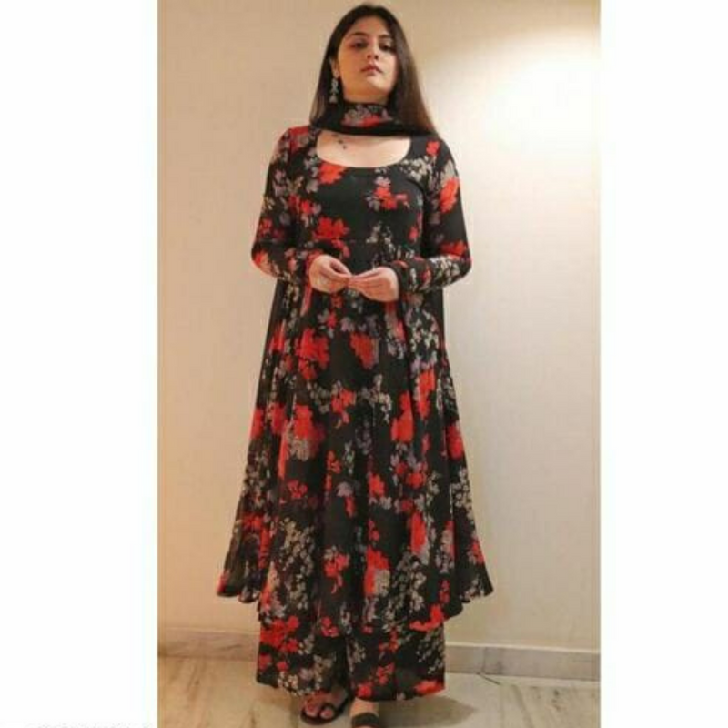 Exclusive Black Floral Printed Georgette Flared Kurti | Floral print maxi  dress, Ladies gown, Womens trendy dresses