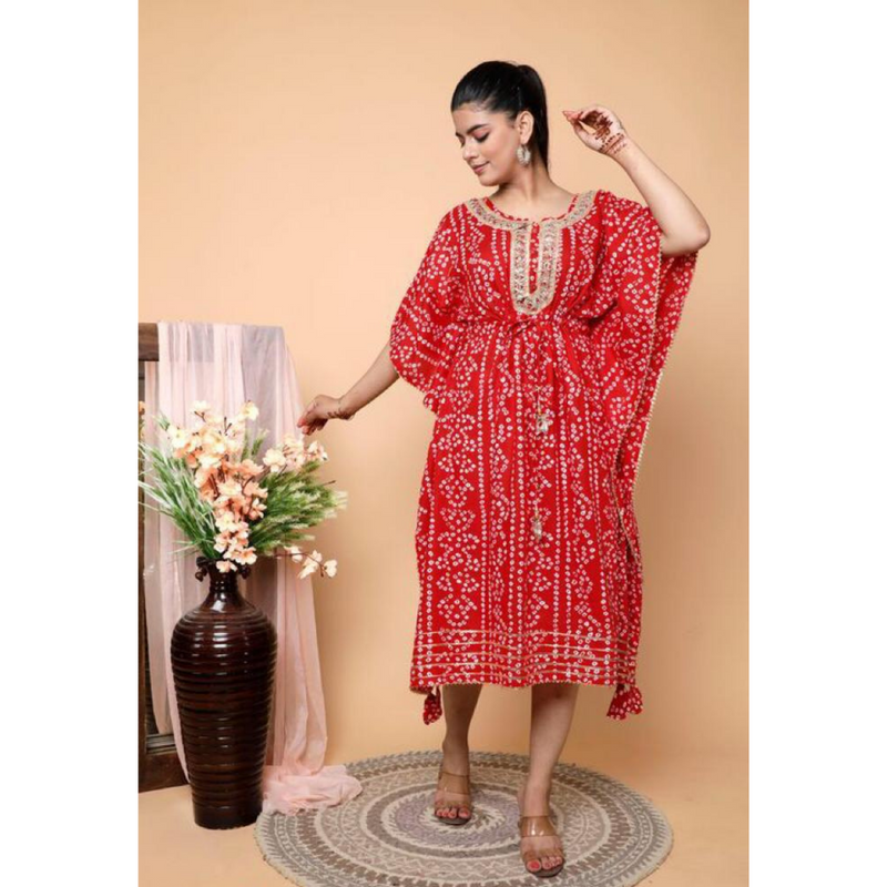 Red Bandhej Printed Kaftan Dress