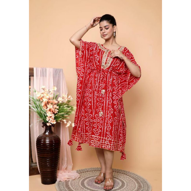 Red Bandhej Printed Kaftan Dress