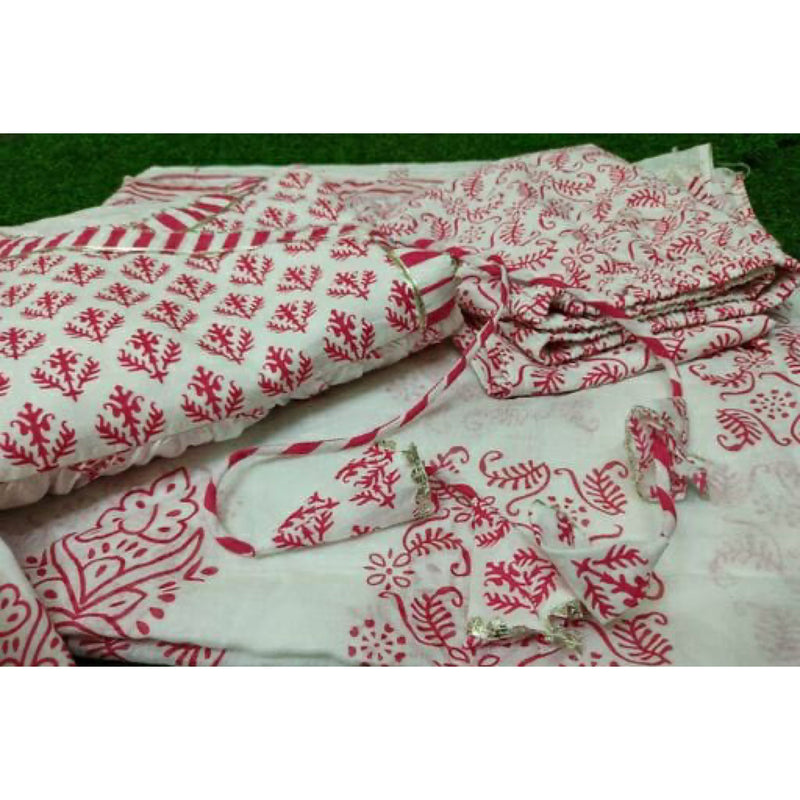 White & Pink Cotton Anarkali Suit Set