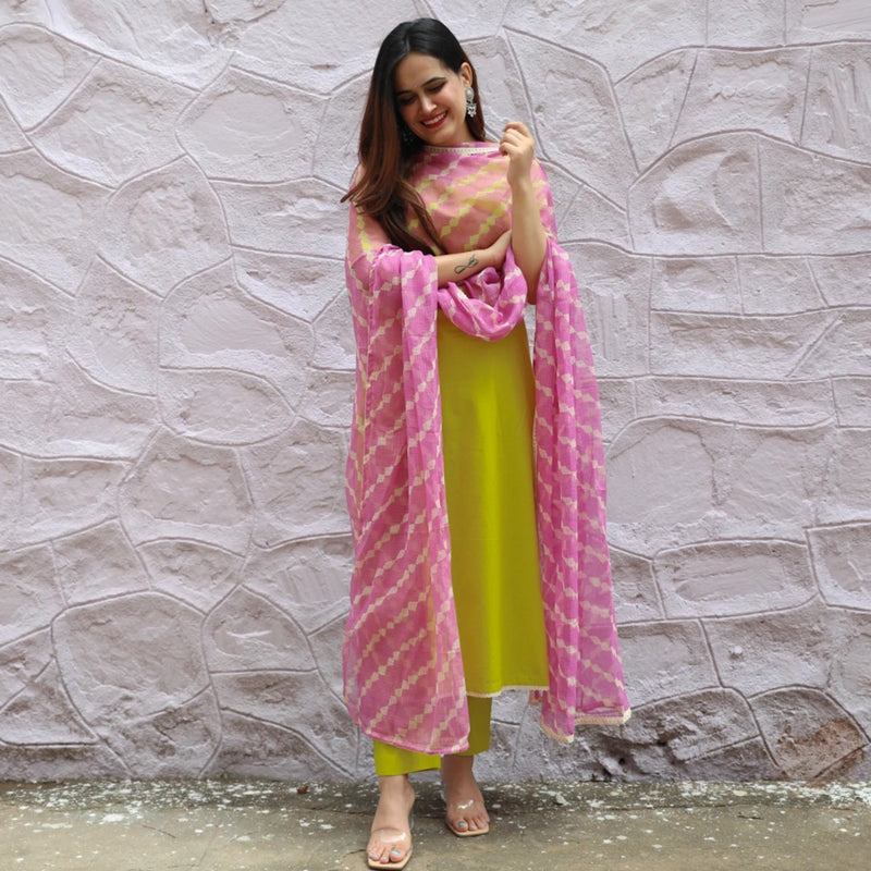 Lime Green & Pink Leheriya Dupatta Suit Set