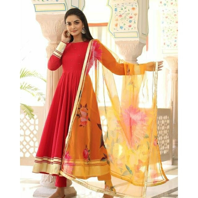 Red Suit Set with Floral Dupatta