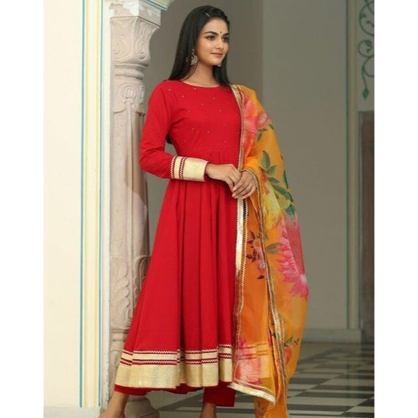Red Suit Set with Floral Dupatta