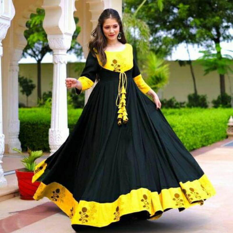 Black & Yellow Printed Kurta Dress