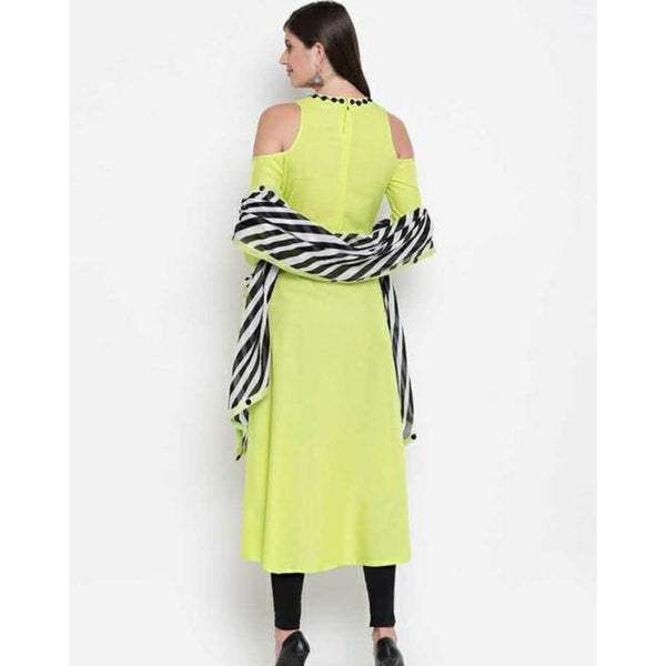Lime Green Suit Set with Striped Dupatta