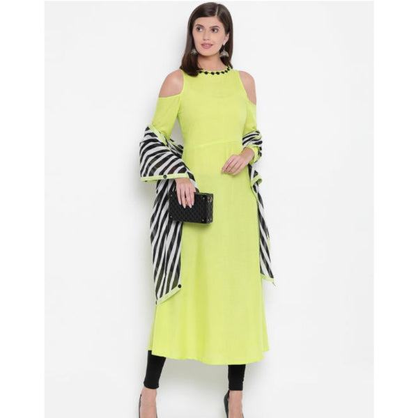 Lime Green Suit Set with Striped Dupatta