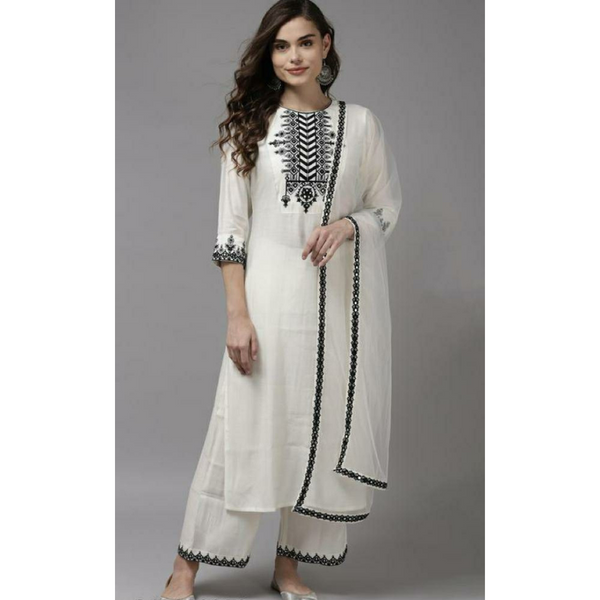 White Monochrome Embroidered Suit Set