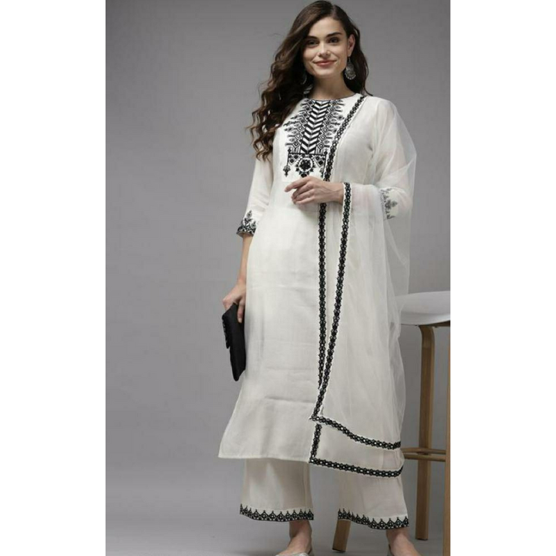 White Monochrome Embroidered Suit Set