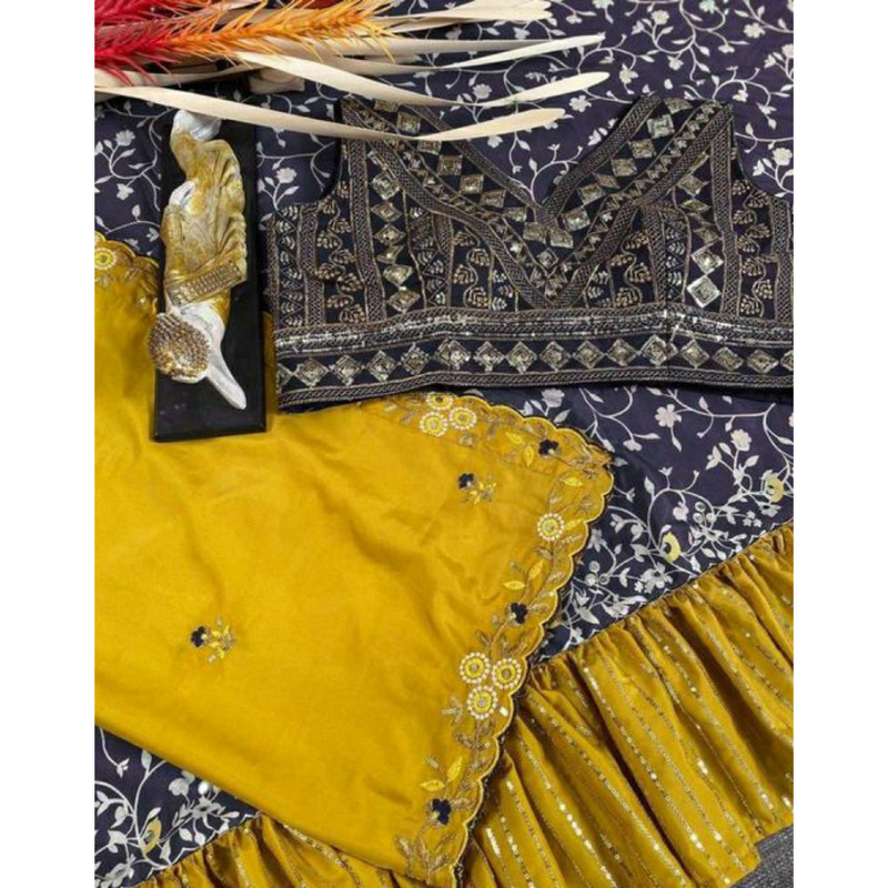 Black and Yellow Ruffled Saree with Embroidered Blouse
