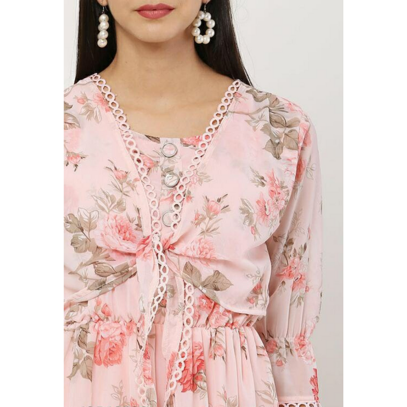 Pink Floral Ruffled Midi Dress