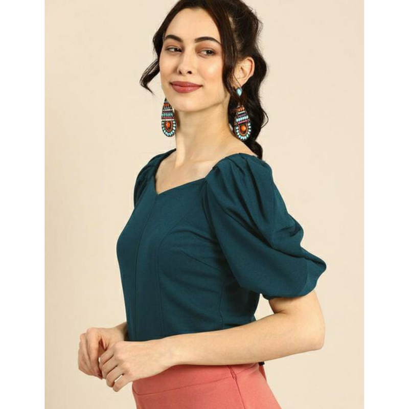 Turquoise Puffed Sleeves Top