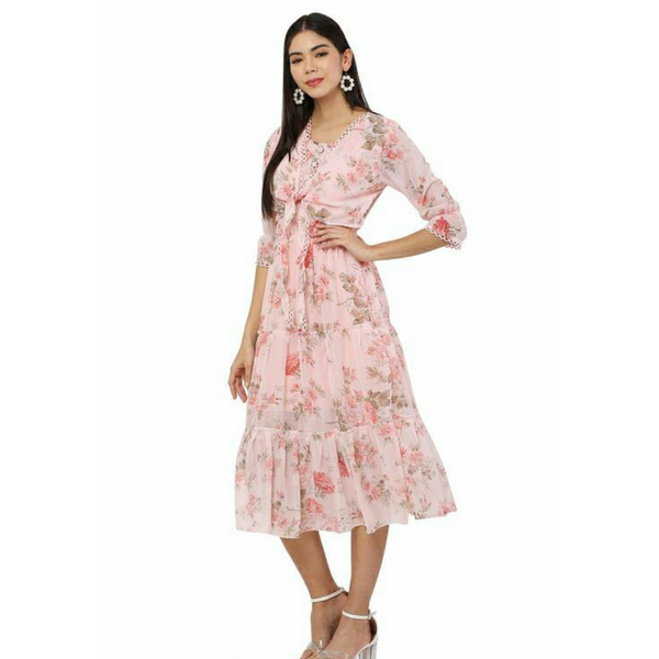 Pink Floral Ruffled Midi Dress